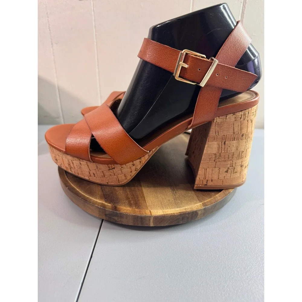 Platform Sandals Womens 8.5 Brown Cork Block Heel Buckle Ankle Strap EUC